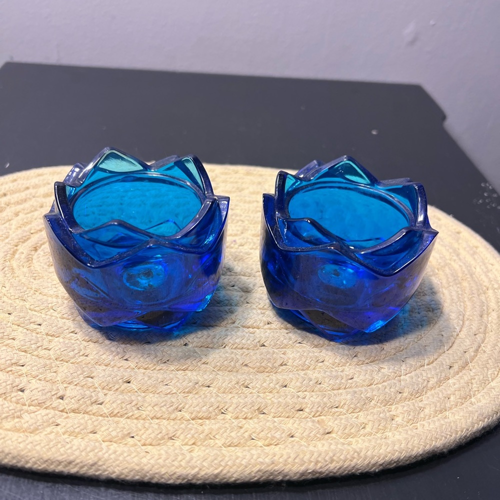 Cobalt Blue Glass Avon Lotus Tealight Holders - Set of 2